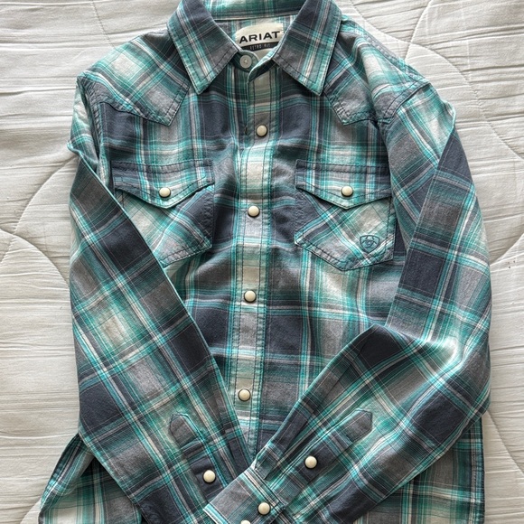 Boys Ariat Teal and Gray Plaid Shirt - Picture 2 of 5